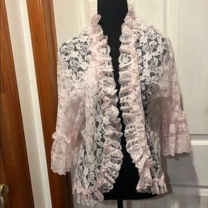 Delicate Pink and White Lace Scarf with Floral Motifs